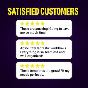 May include: Image with the text "SATISFIED CUSTOMERS" in yellow. Below are three white boxes with customer testimonials and five gold stars. The first says "These are amazing! Going to save me so much time!"