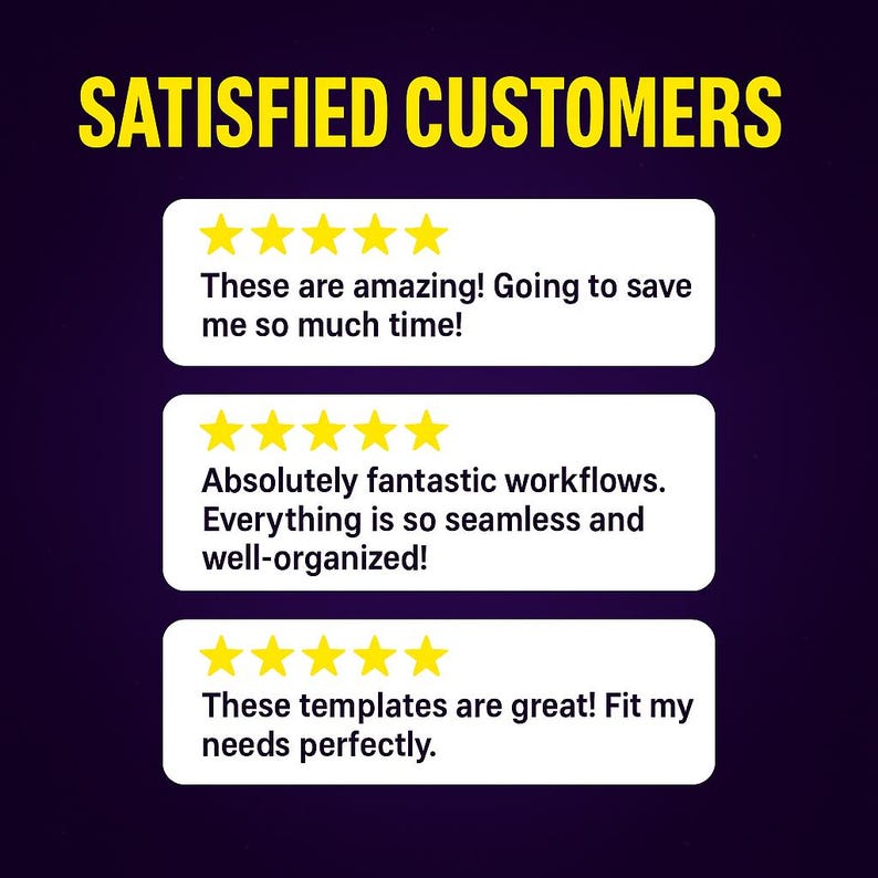May include: Image with the text "SATISFIED CUSTOMERS" in yellow. Below are three white boxes with customer testimonials and five gold stars. The first says "These are amazing! Going to save me so much time!"