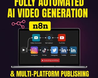 May include: A laptop screen shows a workflow diagram for AI video generation and multi-platform publishing. The screen displays icons for video generation, YouTube, Instagram, TikTok, Twitter, and LinkedIn, with the text "FULLY AUTOMATED AI VIDEO GENERATION & MULTI-PLATFORM PUBLISHING."