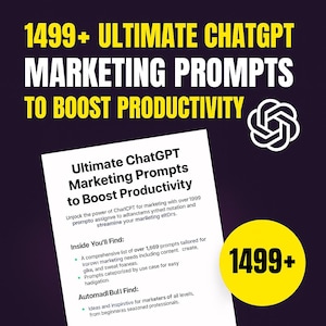Pode incluir: Imagem promocional com o texto "1499+ ULTIMATE CHATGPT MARKETING PROMPTS TO BOOST PRODUCTIVITY." Um documento branco intitulado "Ultimate ChatGPT Marketing Prompts to Boost Productivity" é visível. Um círculo amarelo com o texto "1499+" está no canto inferior direito.