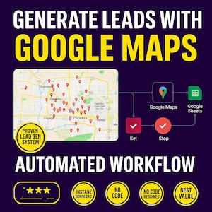 Könnte beinhalten: Ein lila Grafik mit dem Text "GENERATE LEADS WITH GOOGLE MAPS" in Gelb. Es zeigt eine Karte mit roten Markierungen, Google Maps- und Sheets-Symbolen und den Worten "AUTOMATED WORKFLOW". Zusätzlicher Text enthält "PROVEN LEAD GEN SYSTEM".
