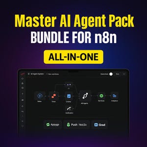 Könnte beinhalten: Eine digitale Grafik, die das "Master AI Agent Pack BUNDLE FOR n8n" bewirbt. Das Bild zeigt ein Tablet, das ein Workflow-Diagramm mit verschiedenen Symbolen und dem Text "ALL-IN-ONE" anzeigt. Der Hintergrund wechselt von Dunkelblau zu Lila.