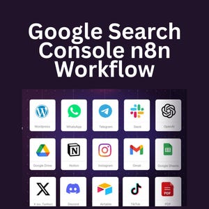 May include: A digital graphic with the text "Google Search Console n8n Workflow" at the top. Below are app icons for WordPress, WhatsApp, Telegram, Slack, OpenAI, Google Drive, Notion, Instagram, Gmail, Google Sheets, X (ex. Twitter), Discord, Airtable, TikTok, and PDF.