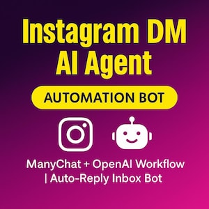 Peut inclure: Graphique numérique avec le texte "Instagram DM AI Agent" en jaune sur un fond dégradé violet et rose. Une bannière jaune indique "AUTOMATION BOT". Les logos Instagram et un robot sont également affichés.