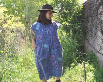 Robe longue style bohème/folk en coton bleu motif cachemire