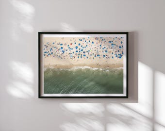 Impresión fotográfica de multitudes en la playa / Póster de viaje de verano, imágenes costeras de bellas artes, foto aérea a color, arte mural fotográfico sin marco
