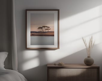 Póster de viaje con paisaje costero/arte mural con árboles, decoración natural para el hogar, fotografía del amanecer, obra de arte sin marco