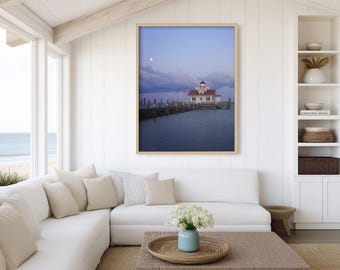 Impresión de la salida de la luna en el faro de Roanoke Marshes / Fotografía de Outer Banks, póster de viaje por la costa de Carolina del Norte