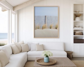 Póster de viaje con valla de dunas / Decoración costera minimalista, arte para la pared de la casa de playa, fotografía sin marco, láminas fotográficas de verano