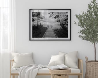 Impresión fotográfica de muelle en blanco y negro / Arte mural costero sin marco, póster de viaje junto al mar, fotografía de bellas artes inspirada en la costa