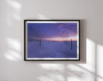 Impresión fotográfica de playa nevada / Póster fotográfico de amanecer invernal, arte mural de paisaje nevado, imágenes de viajes a la playa