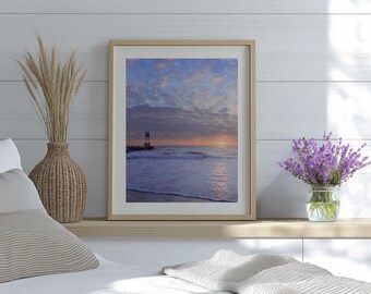 Impresión fotográfica costera del amanecer en el embarcadero: arte mural de la playa de Delaware