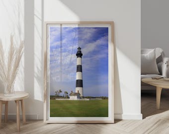 Póster de viaje del faro de la isla Bodie / Fotografía artística de Outer Banks, arte mural costero de Carolina del Norte, impresión de faro, decoración costera