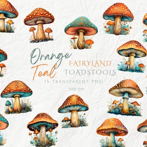 Esthétique orange sarcelle féerique pays des fées Clipart Clipart Pack, aquarelle fantastique fée champignons, cliparts livre de contes pour enfants, usage Commercial