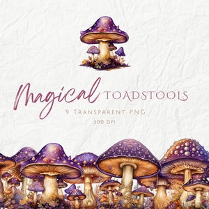 Pack de cliparts violet or champignons vénéneux magiques, graphismes fantastiques de champignons féeriques pour carte Oracle de tarot, livre de contes des cliparts champignons mignons