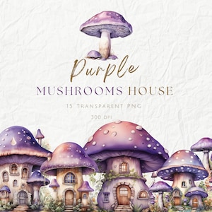 Clipart de casa de cogumelos aquarela roxo, clipart de cogumelos Cottagecore fofo, clipart de casa de fantasia, uso comercial, PNG transparente