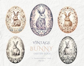 Vintage Bunny Easter Eggs Clipart Pack, Rustic Black and White Easter Eggs Graphics, Neutral Tone Florals Easter Clipart, Commercial Use