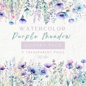 Aquarell Frühlingswiese Blumen Clipart, Hochzeitseinladung Florals Clipart, lila, türkisblau, kommerzielle Nutzung, transparentes PNG