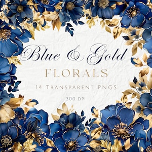 Imágenes prediseñadas de flores de color azul oscuro y dorado, adornos de flores azules y hojas doradas, elegantes imágenes prediseñadas de flores azules para bodas, PNG para uso comercial