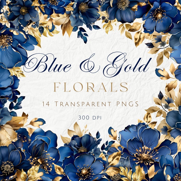 Dark Blue and Gold Flowers Clipart,  Blue Flowers and Gold Leaves Embellishments, Elegant Blue Florals Wedding Clipart, Commercial Use PNG