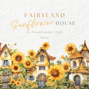 Watercolor Fairyland Sunflower House Clipart, Kids Story Book Graphics, Quirky Sunflower Cottage, Cute Fairy Cottage, Commercial Use