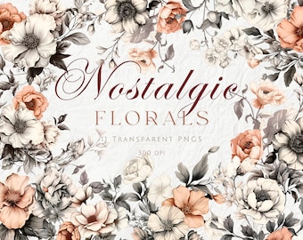 Nostalgic Flowers Clipart Pack, Rustic Florals Clipart, Vintage Flower Illustration,  Neutral Peach Tone, Commercial Use, Transparent PNG