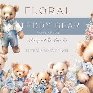 Floral Teddy Bear Clipart, Soft Blue Nursery Graphics Set, Cute Watercolor Boy Teddy, Teddy Bear with Flowers, It&#39;s a Boy, Baby Gender