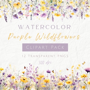 Aquarell Pastell Lila Wildblumen Clipart, Hochzeit Blumen Clipart, Frühlings Blumen Clipart, gelbe Wiese, kommerzielle Nutzung, transparente PNG