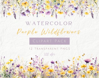 Watercolor Pastel Purple Wildflower Clipart, Wedding Floral Clipart, Spring Flowers Clipart, Yellow Meadow, Commercial Use, Transparent PNG