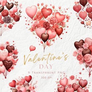 Paquete de imágenes prediseñadas del día de San Valentín en color rosa, imágenes prediseñadas de aniversario, relaciones, amor, globos en forma de corazón rosa, rosas, chocolates, uso comercial