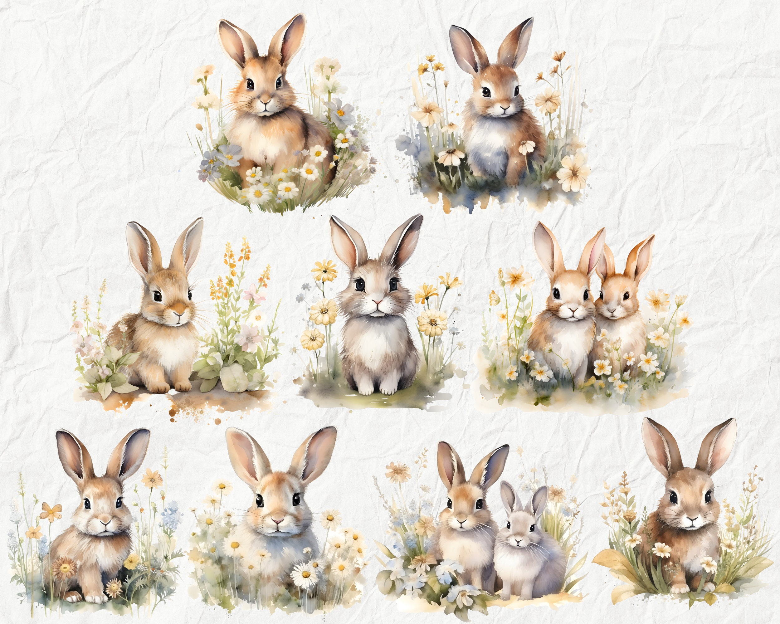 Watercolor Wildflower Bunny Clipart Pack, Cottagecore Cute Woodlands ...