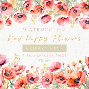 Watercolor Red Poppies Clipart Pack, California Poppy Flower Bouquet, August Birth Flower, Spring Flower, Commercial Use, Transparent PNG