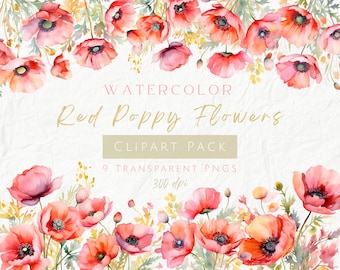 Aquarel rode klaprozen clipartpakket, California Poppy bloemboeket, bloem geboorte augustus, lentebloem, commercieel gebruik, transparante png