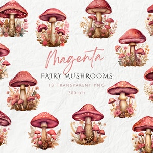 Pack de cliparts champignons fées roses magenta, graphiques fantastiques mignons de champignons vénéneux pour enveloppes, clipart esthétique Tarot Oracle carte champignons