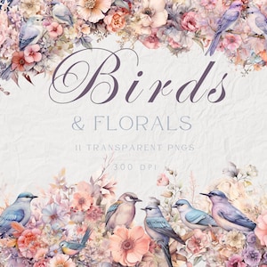 Clipart de flores e pássaros em aquarela, clipart de casamento, clipart de primavera, clipart botânico, clipart de pássaros pastel, uso comercial PNG, 300dpi
