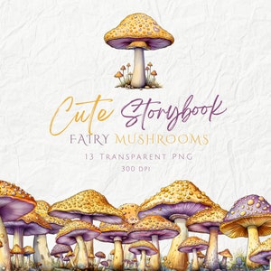 Pack de cliparts mignon livre de contes de fées champignons, aquarelle violet jaune champignon vénéneux des cliparts, graphisme fantastique de champignon vénéneux