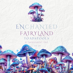 Pack de cliparts féeriques enchantés, champignons fantastiques des pays de la gelée des cliparts, champignons bleus psychédéliques, graphismes de couverture de livre fantastique