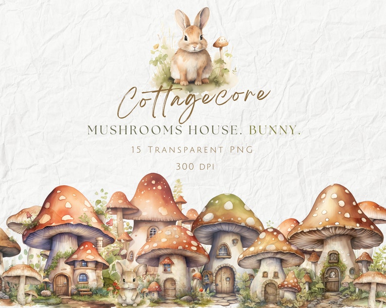Watercolor Mushroom House Clipart, Nursery Bunnies Clipart, Cottagecore ...