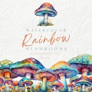 Clipart di funghi arcobaleno ad acquerello, Clipart di funghi velenosi colorati, Funghi fatati magici, Illustrazioni di funghi, Uso commerciale