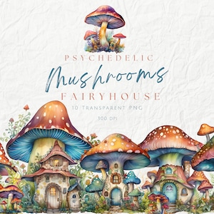 Aquarelle champignons psychédéliques maison des fées des cliparts, clipart fantastique Fairyland champignons, maison de champignons colorés insolites, usage Commercial