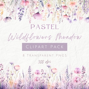 Clipart de flores silvestres en acuarela pastel, acuarela floral silvestre PNG, prado de verano, clipart de boda prefabricado, ramo de flores silvestres de verano