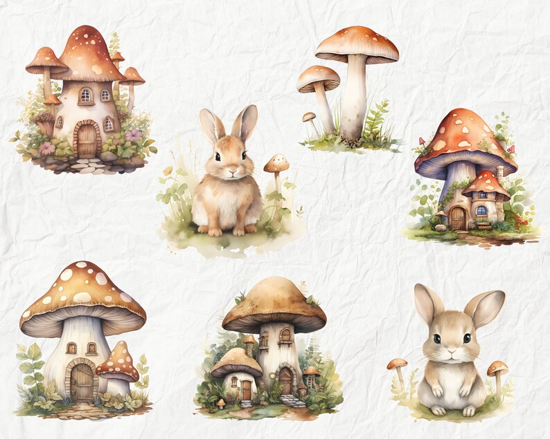 Watercolor Mushroom House Clipart, Nursery Bunnies Clipart, Cottagecore ...