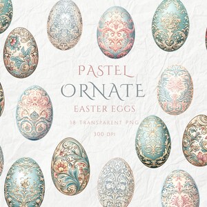 May include: 18 pastel colored Easter eggs with ornate floral and damask patterns. The eggs are 300 DPI and are transparent PNG files.