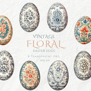 May include: Eight vintage floral Easter eggs with intricate designs in shades of blue, peach, and cream. The eggs feature floral patterns and decorative borders. The text "VINTAGE FLORAL EASTER EGGS" is also visible.