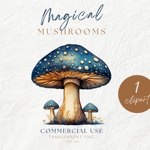 Clipart unique champignon magique bleu nuit, Illustrations de champignon vénéneux fantaisie mignon, champignon bleu et or, champignons bohèmes pour carte de tarot