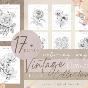 May include: A collection of 17 plus bonus digital coloring pages featuring black and white botanical illustrations of flowers including roses, zinnias, poppies, tulips, lilies, peonies, sunflowers, and magnolias with text reading Vintage Flowers Collection 2.