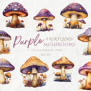 Esthétique violet féerique champignons Clipart Pack, Tarot carte Oracle carte champignons vénéneux des cliparts, usage Commercial des cliparts de livre de contes pour enfants