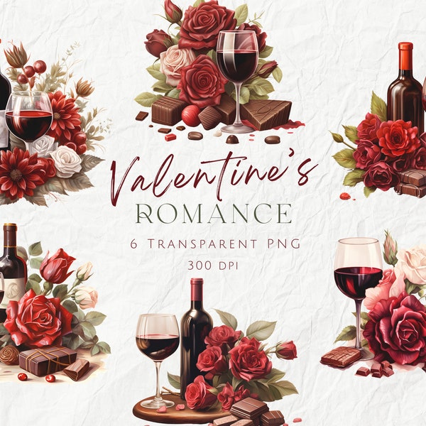 Valentinstag-Romantik-Clipart-Paket, Hochzeitstag-Clipart, romantische Valentinstag-Clipart, Rotwein, Rosen, Pralinen, kommerzielle Nutzung