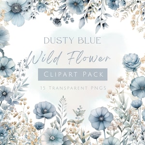 Dusty Blue Wild Flowers Clipart Pack, Blue Wedding Florals Graphics, Commercial Use Clipart, Transparent PNGs