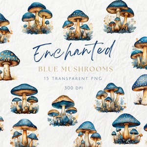 Pack de cliparts enchanté magiques champignons bleus, clipart champignons vénéneux du pays des fées pour carte de tarot, bleu or champignons graphiques PNG pour carte Oracle